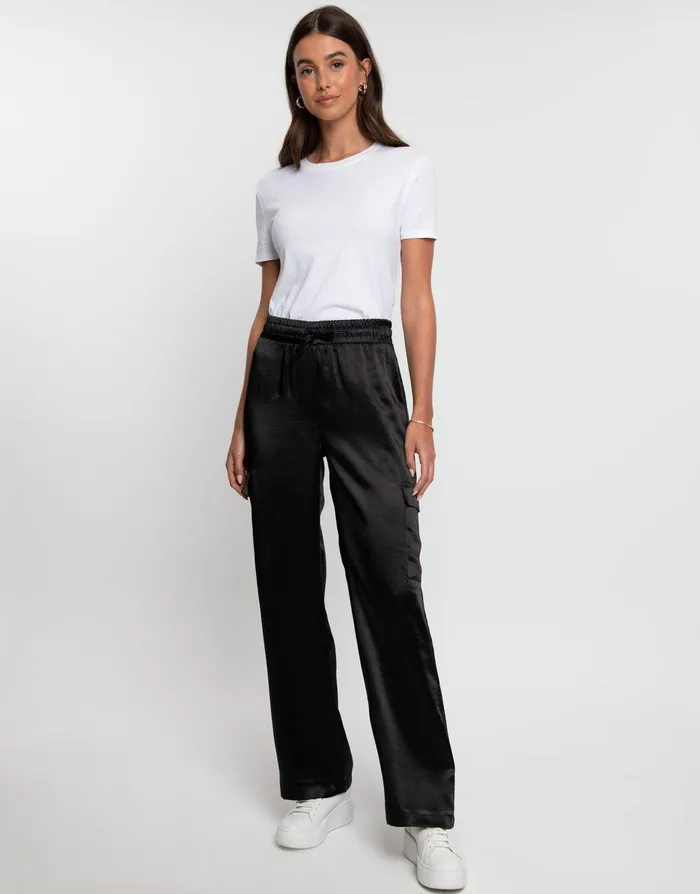 Women Black Satin Utility Cargo Pocket Combat Trousers Black Threadbare Trousers Women Black Satin Utility Cargo Pocket Combat Trousers Black Threadbare Trousers