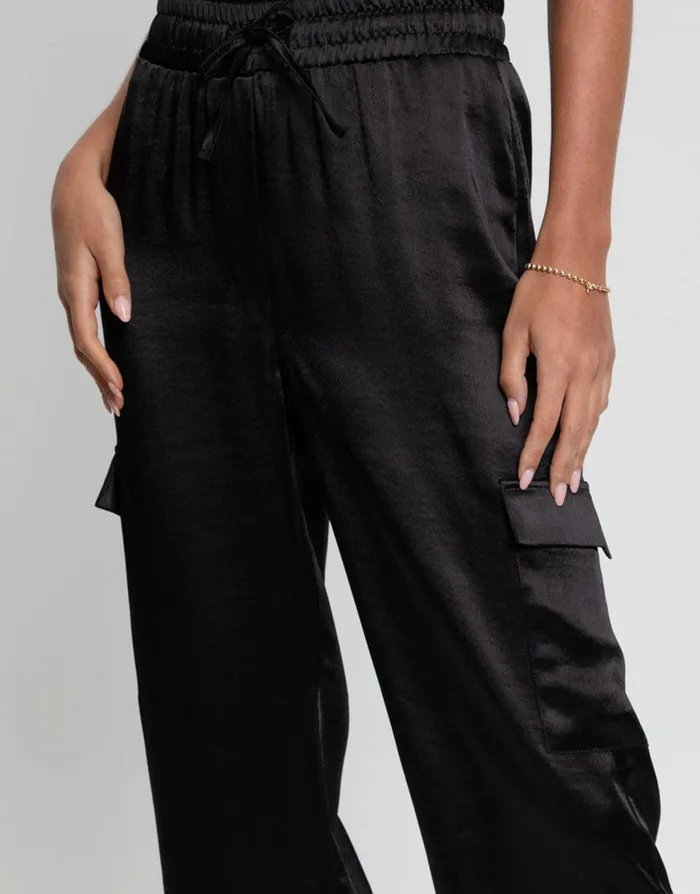 Women Black Satin Utility Cargo Pocket Combat Trousers Black Threadbare Trousers Women Black Satin Utility Cargo Pocket Combat Trousers Black Threadbare Trousers