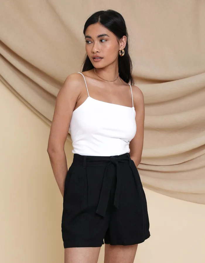 Women Black Tie Waist Linen Blend Shorts Black Threadbare Linen