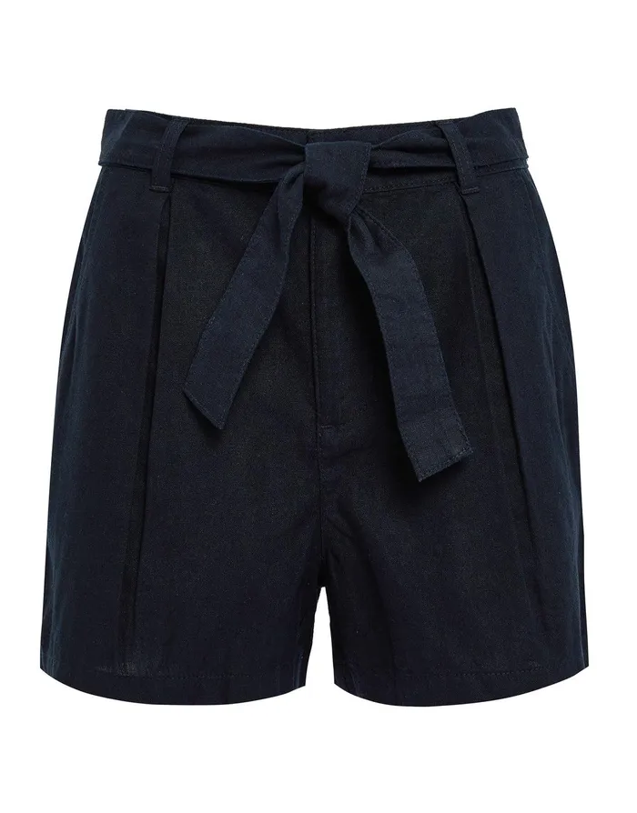 Women Black Tie Waist Linen Blend Shorts Black Threadbare Linen