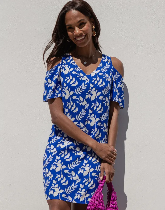 Women Blue Leaf Print Cold Shoulder Shift Dress Blue Threadbare Dresses
