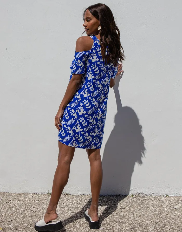 Women Blue Leaf Print Cold Shoulder Shift Dress Blue Threadbare Dresses Women Blue Leaf Print Cold Shoulder Shift Dress Blue Threadbare Dresses