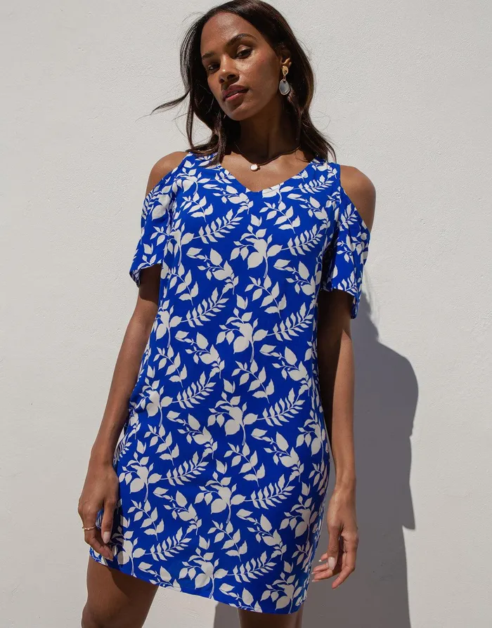 Women Blue Leaf Print Cold Shoulder Shift Dress Blue Threadbare Dresses Women Blue Leaf Print Cold Shoulder Shift Dress Blue Threadbare Dresses