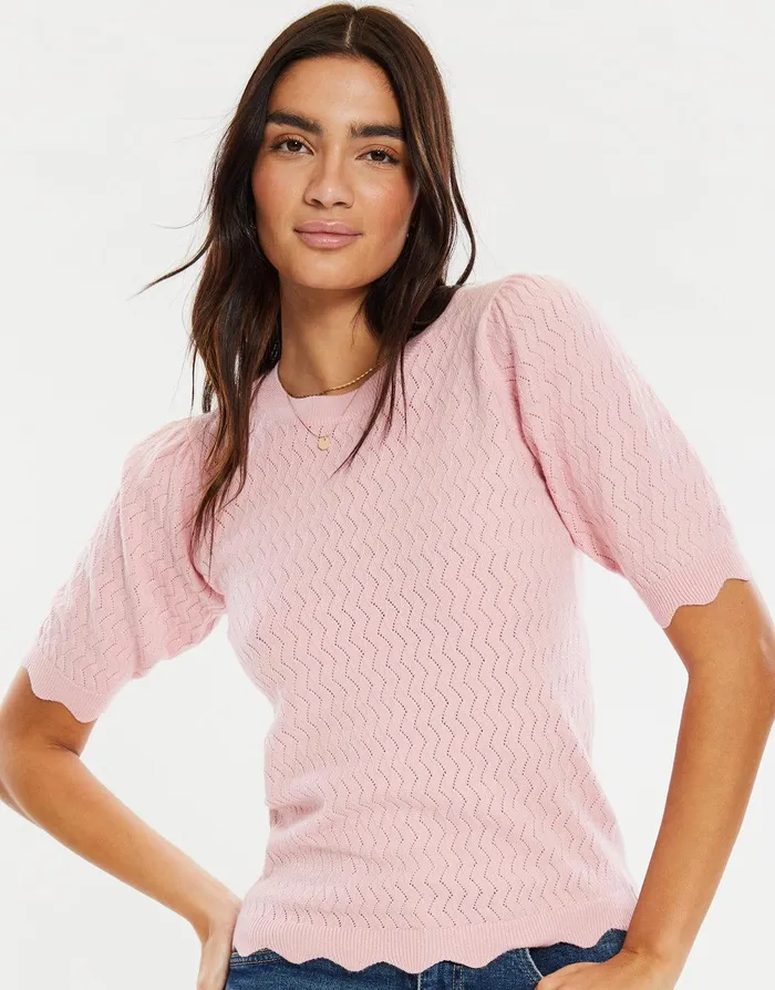 Women Blush Pointelle Knitted TShirt Jumper Blush Threadbare Tops