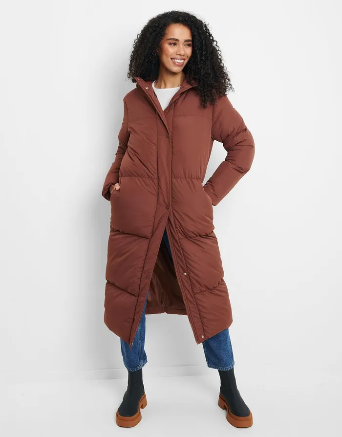 Women Brown Maxi Puffer Jacket Brown Threadbare Jackets and Coats