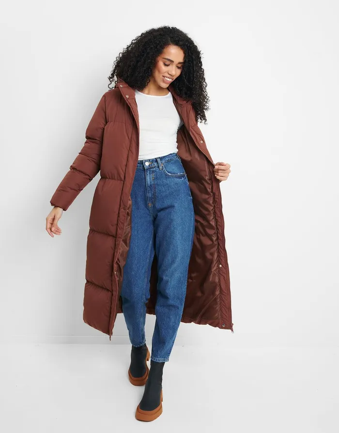 Women Brown Maxi Puffer Jacket Brown Threadbare Jackets and Coats