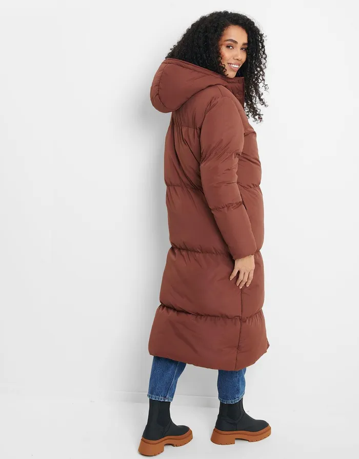 Women Brown Maxi Puffer Jacket Brown Threadbare Jackets and Coats