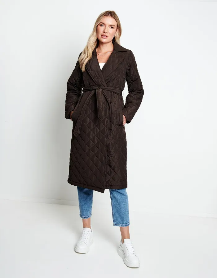 Women Brown Quilted Trench Coat Brown Threadbare Jackets and Coats