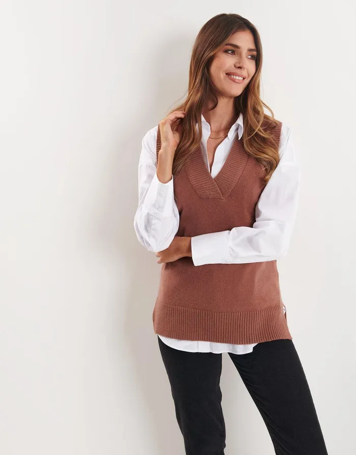 Women Brown VNeck Knitted Sweater Vest Brown Threadbare Jumpers