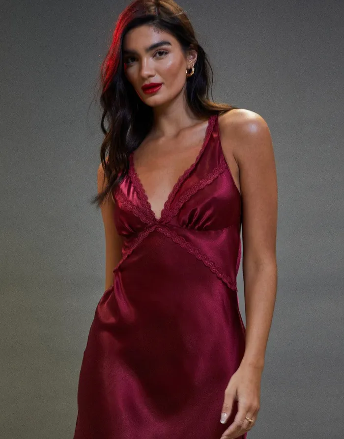 Women Burgundy Satin Halterneck Night Dress Burgundy Threadbare Loungewear