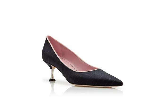 Women Business Manolo Blahnik ANONE Navy Blue Wool Pinstripe Pumps