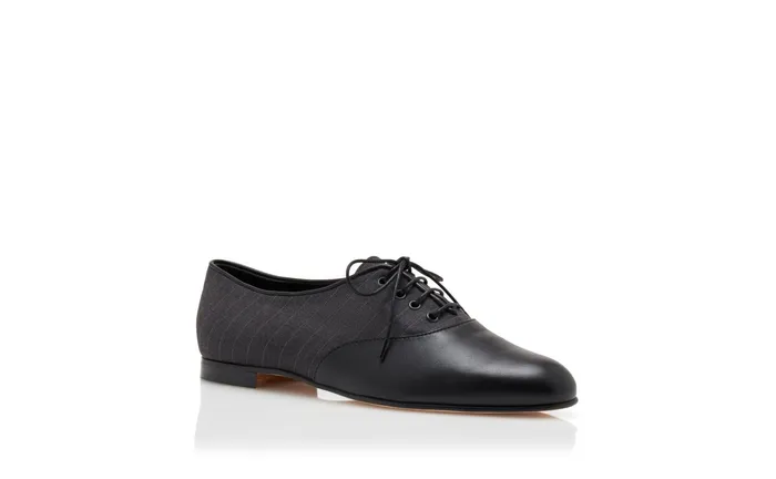Women Business Manolo Blahnik PRUNETA Dark Grey Wool Pinstripe Lace Up Flat Shoes Women Business Manolo Blahnik PRUNETA Dark Grey Wool Pinstripe Lace Up Flat Shoes
