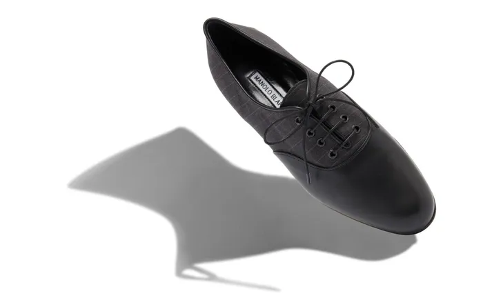 Women Business Manolo Blahnik PRUNETA Dark Grey Wool Pinstripe Lace Up Flat Shoes Women Business Manolo Blahnik PRUNETA Dark Grey Wool Pinstripe Lace Up Flat Shoes