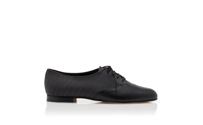 Women Business Manolo Blahnik PRUNETA Dark Grey Wool Pinstripe Lace Up Flat Shoes Women Business Manolo Blahnik PRUNETA Dark Grey Wool Pinstripe Lace Up Flat Shoes