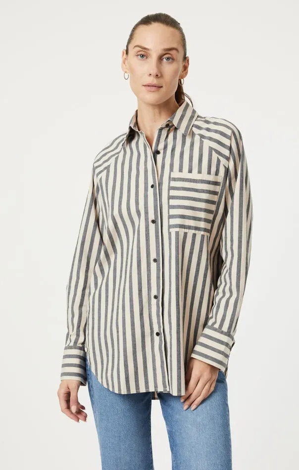 Women ButtonUp Long Sleeve Shirt In Beige Bold Stripe Mavi Jeans Shirts