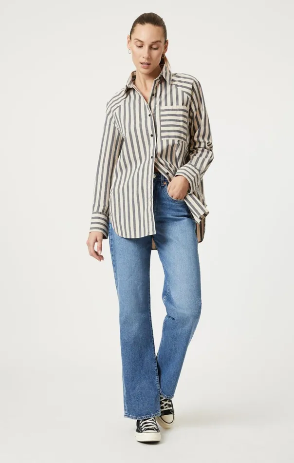 Women ButtonUp Long Sleeve Shirt In Beige Bold Stripe Mavi Jeans Shirts Women ButtonUp Long Sleeve Shirt In Beige Bold Stripe Mavi Jeans Shirts