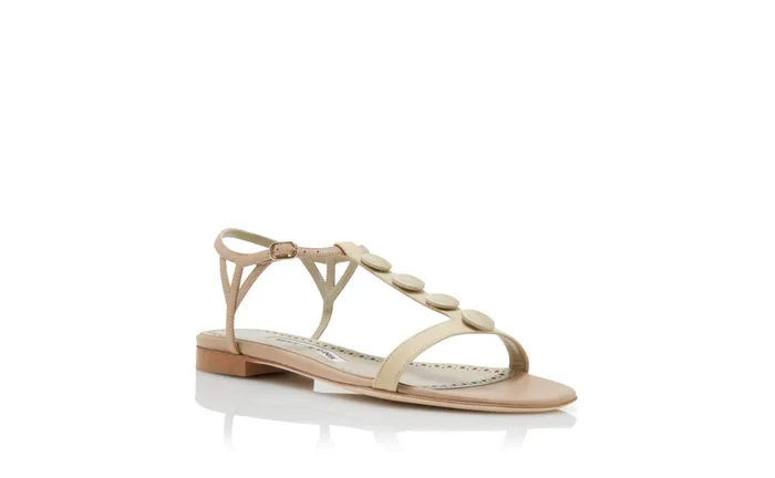 Women Casual Manolo Blahnik HULANE Taupe Linen TBar Button Flat Sandals