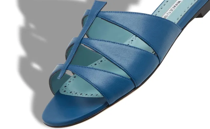 Women Casual Manolo Blahnik NOORASAN Blue Nappa Leather CutOut Flat Sandals