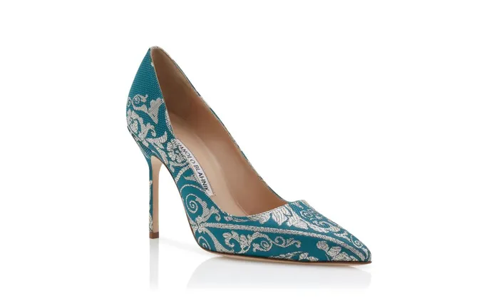 Women Dress Shoes Manolo Blahnik BB Blue And Silver Jacquard Brocade Pointed Toe Pumps Women Dress Shoes Manolo Blahnik BB Blue And Silver Jacquard Brocade Pointed Toe Pumps