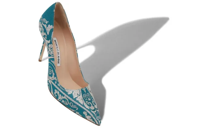 Women Dress Shoes Manolo Blahnik BB Blue And Silver Jacquard Brocade Pointed Toe Pumps Women Dress Shoes Manolo Blahnik BB Blue And Silver Jacquard Brocade Pointed Toe Pumps