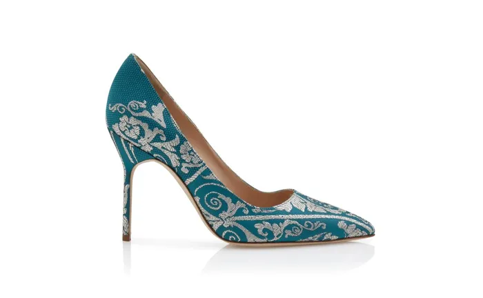 Women Dress Shoes Manolo Blahnik BB Blue And Silver Jacquard Brocade Pointed Toe Pumps Women Dress Shoes Manolo Blahnik BB Blue And Silver Jacquard Brocade Pointed Toe Pumps