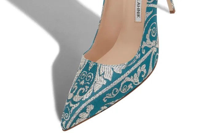 Women Dress Shoes Manolo Blahnik BB Blue And Silver Jacquard Brocade Pointed Toe Pumps Women Dress Shoes Manolo Blahnik BB Blue And Silver Jacquard Brocade Pointed Toe Pumps
