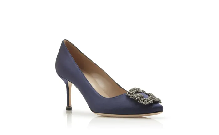 Women Dress Shoes Manolo Blahnik HANGISI 70 Navy Blue Satin Jewel Buckle Pumps Women Dress Shoes Manolo Blahnik HANGISI 70 Navy Blue Satin Jewel Buckle Pumps