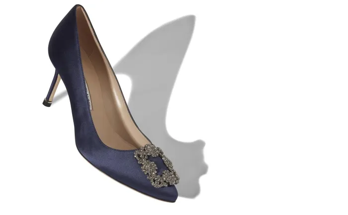 Women Dress Shoes Manolo Blahnik HANGISI 70 Navy Blue Satin Jewel Buckle Pumps Women Dress Shoes Manolo Blahnik HANGISI 70 Navy Blue Satin Jewel Buckle Pumps