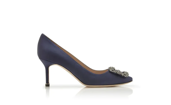 Women Dress Shoes Manolo Blahnik HANGISI 70 Navy Blue Satin Jewel Buckle Pumps Women Dress Shoes Manolo Blahnik HANGISI 70 Navy Blue Satin Jewel Buckle Pumps