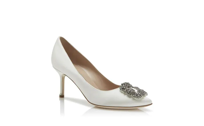 Women Dress Shoes Manolo Blahnik HANGISI 70 White Satin Jewel Buckle Pumps