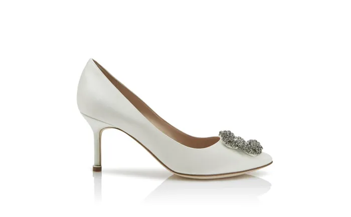 Women Dress Shoes Manolo Blahnik HANGISI 70 White Satin Jewel Buckle Pumps Women Dress Shoes Manolo Blahnik HANGISI 70 White Satin Jewel Buckle Pumps