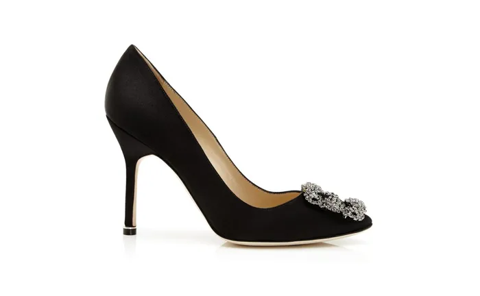 Women Dress Shoes Manolo Blahnik HANGISI Black Satin Jewel Buckle Pumps Women Dress Shoes Manolo Blahnik HANGISI Black Satin Jewel Buckle Pumps