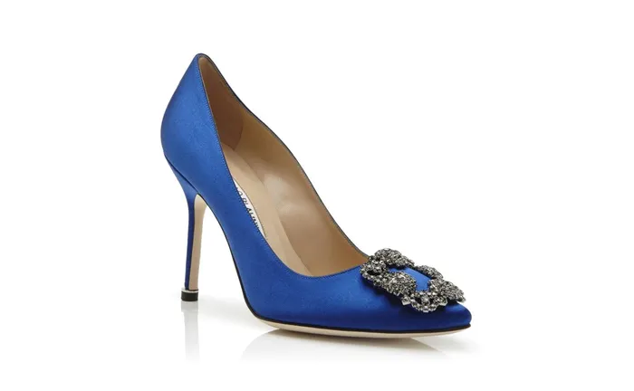 Women Dress Shoes Manolo Blahnik HANGISI Blue Satin Jewel Buckle Pumps