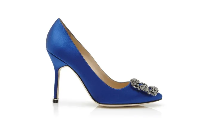 Women Dress Shoes Manolo Blahnik HANGISI Blue Satin Jewel Buckle Pumps Women Dress Shoes Manolo Blahnik HANGISI Blue Satin Jewel Buckle Pumps
