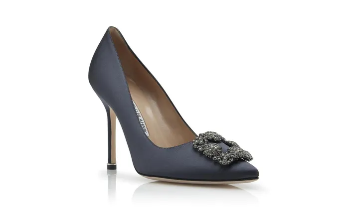 Women Dress Shoes Manolo Blahnik HANGISI Dark Grey Satin Jewel Buckle Pumps