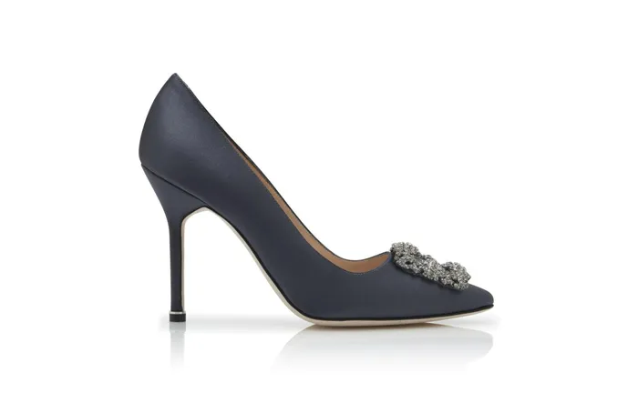 Women Dress Shoes Manolo Blahnik HANGISI Dark Grey Satin Jewel Buckle Pumps Women Dress Shoes Manolo Blahnik HANGISI Dark Grey Satin Jewel Buckle Pumps