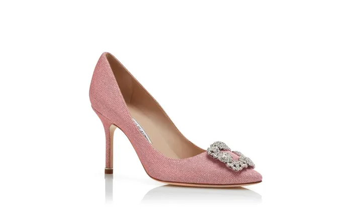 Women Dress Shoes Manolo Blahnik HANGISI GLITTER 90 Pink Glitter Fabric Jewel Buckle Pumps Women Dress Shoes Manolo Blahnik HANGISI GLITTER 90 Pink Glitter Fabric Jewel Buckle Pumps
