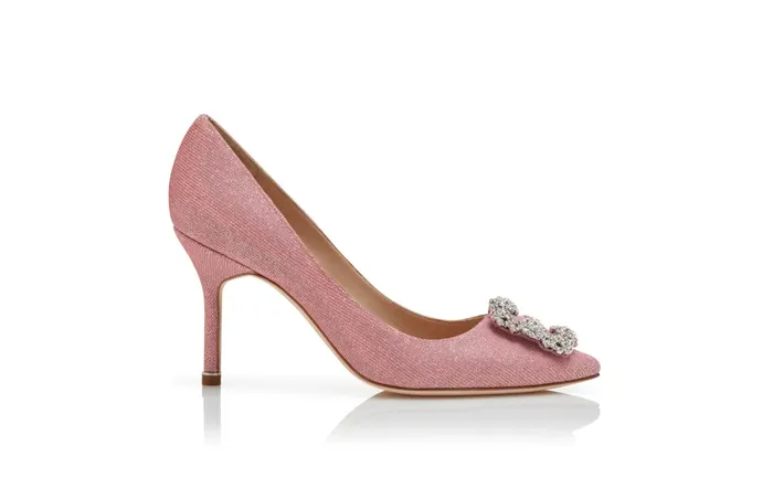 Women Dress Shoes Manolo Blahnik HANGISI GLITTER 90 Pink Glitter Fabric Jewel Buckle Pumps Women Dress Shoes Manolo Blahnik HANGISI GLITTER 90 Pink Glitter Fabric Jewel Buckle Pumps