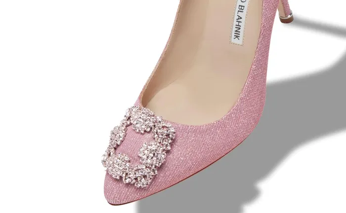 Women Dress Shoes Manolo Blahnik HANGISI GLITTER 90 Pink Glitter Fabric Jewel Buckle Pumps Women Dress Shoes Manolo Blahnik HANGISI GLITTER 90 Pink Glitter Fabric Jewel Buckle Pumps