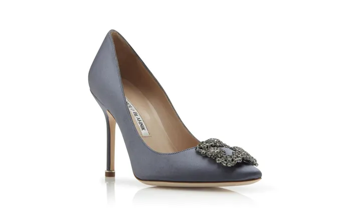 Women Dress Shoes Manolo Blahnik HANGISI Grey Satin Jewel Buckle Pumps
