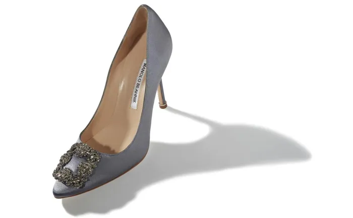 Women Dress Shoes Manolo Blahnik HANGISI Grey Satin Jewel Buckle Pumps Women Dress Shoes Manolo Blahnik HANGISI Grey Satin Jewel Buckle Pumps