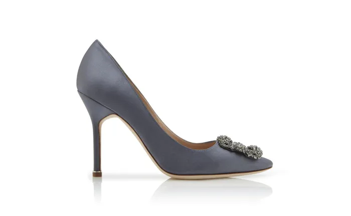 Women Dress Shoes Manolo Blahnik HANGISI Grey Satin Jewel Buckle Pumps Women Dress Shoes Manolo Blahnik HANGISI Grey Satin Jewel Buckle Pumps