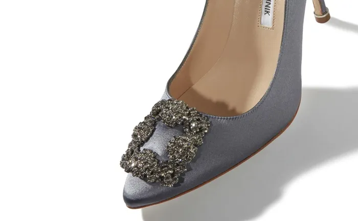 Women Dress Shoes Manolo Blahnik HANGISI Grey Satin Jewel Buckle Pumps Women Dress Shoes Manolo Blahnik HANGISI Grey Satin Jewel Buckle Pumps