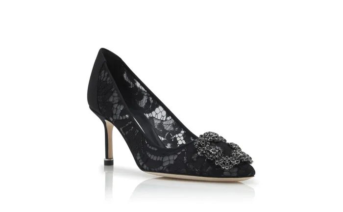 Women Dress Shoes Manolo Blahnik HANGISI LACE 70 Black Lace Jewel Buckle Pumps Women Dress Shoes Manolo Blahnik HANGISI LACE 70 Black Lace Jewel Buckle Pumps