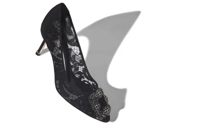 Women Dress Shoes Manolo Blahnik HANGISI LACE 70 Black Lace Jewel Buckle Pumps Women Dress Shoes Manolo Blahnik HANGISI LACE 70 Black Lace Jewel Buckle Pumps