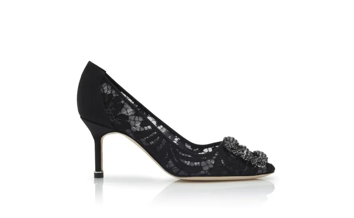Women Dress Shoes Manolo Blahnik HANGISI LACE 70 Black Lace Jewel Buckle Pumps Women Dress Shoes Manolo Blahnik HANGISI LACE 70 Black Lace Jewel Buckle Pumps