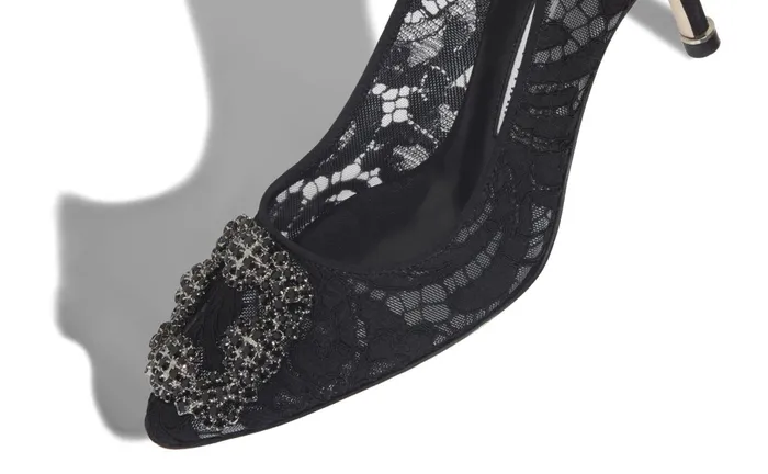 Women Dress Shoes Manolo Blahnik HANGISI LACE 70 Black Lace Jewel Buckle Pumps Women Dress Shoes Manolo Blahnik HANGISI LACE 70 Black Lace Jewel Buckle Pumps
