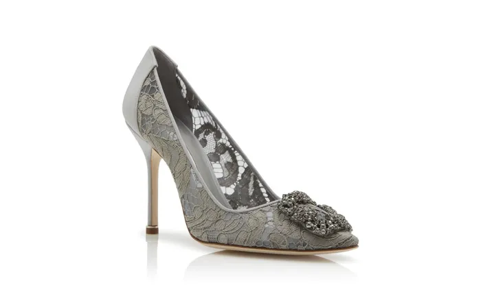 Women Dress Shoes Manolo Blahnik HANGISI LACE Grey Lace Jewel Buckle Pumps