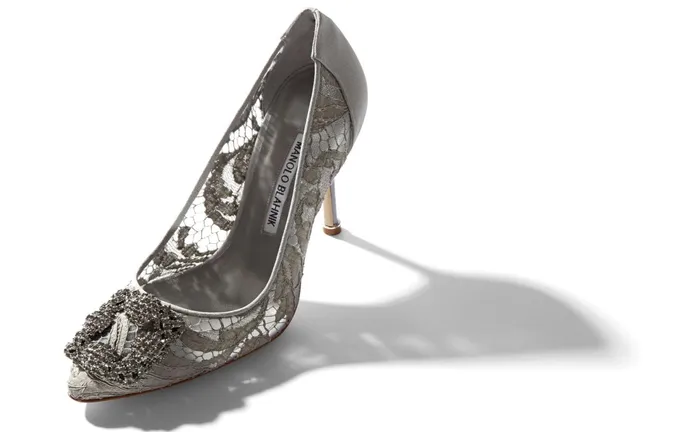 Women Dress Shoes Manolo Blahnik HANGISI LACE Grey Lace Jewel Buckle Pumps Women Dress Shoes Manolo Blahnik HANGISI LACE Grey Lace Jewel Buckle Pumps