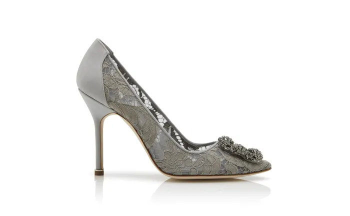 Women Dress Shoes Manolo Blahnik HANGISI LACE Grey Lace Jewel Buckle Pumps Women Dress Shoes Manolo Blahnik HANGISI LACE Grey Lace Jewel Buckle Pumps
